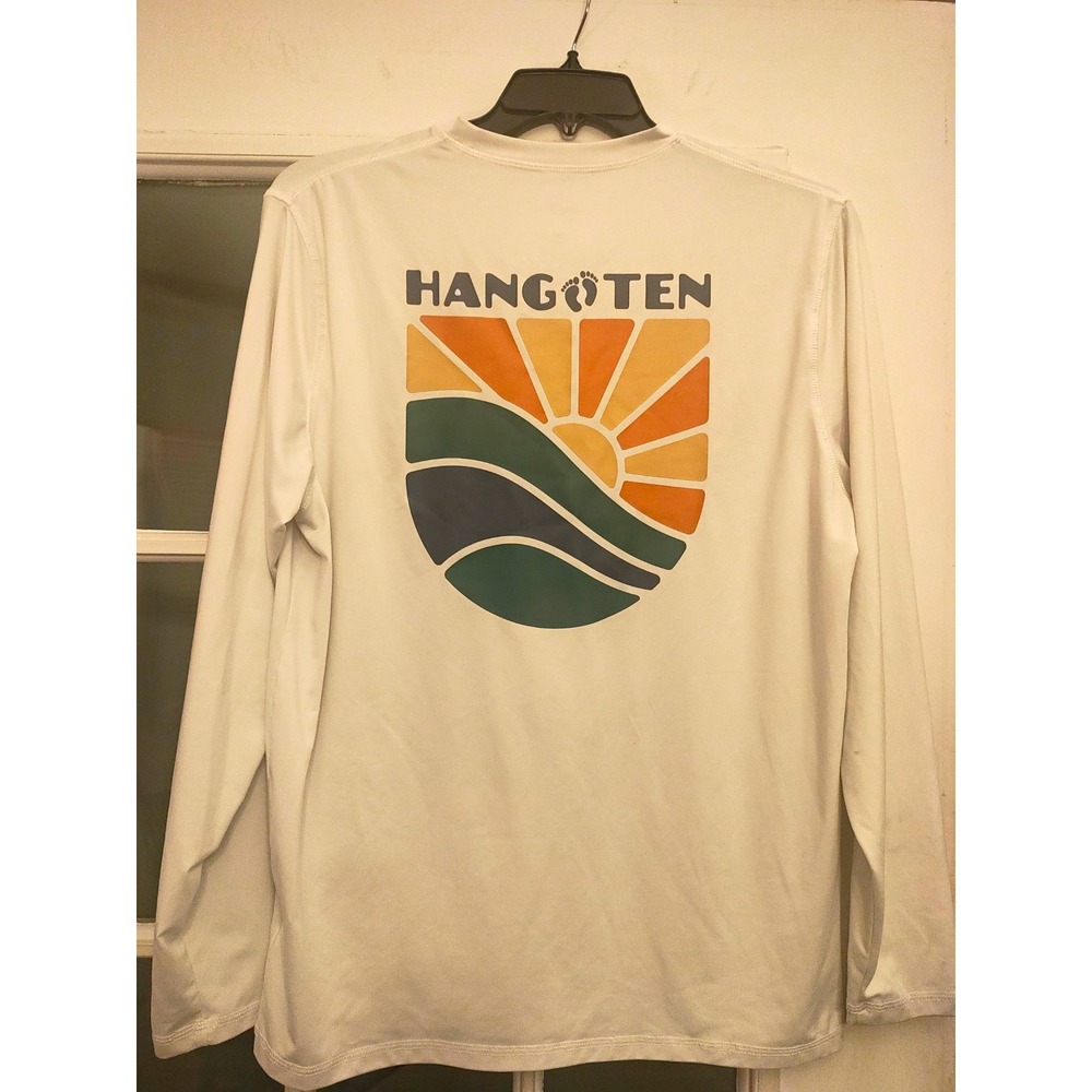 Hang Ten Mens M Long Sleeve UPF 50 Sun Shirt White Surf Beach Wave Graphic